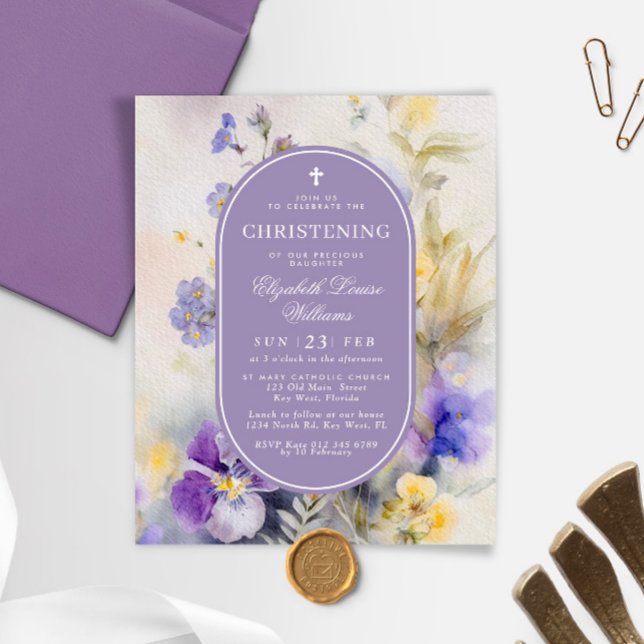Budget Purple Flowers Christening Invitation (Creator Uploaded)
