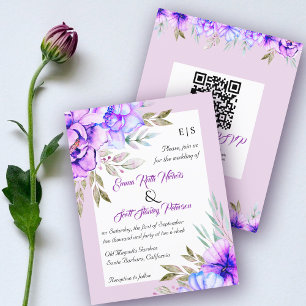 BUDGET purple flowers QR code wedding invitation