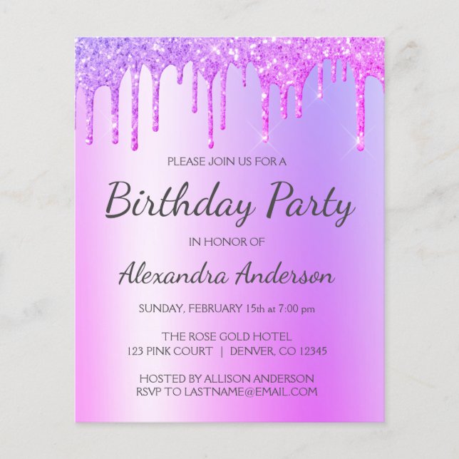 Budget Purple Glitter Any Age Birthday Party Flyer (Front)