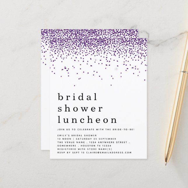 Budget Purple Glitter Bridal Shower Lunch Invite (Front/Back In Situ)
