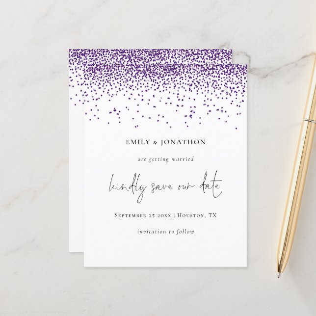 Budget Purple Glitter Confetti Glam Save The Date (Front/Back In Situ)