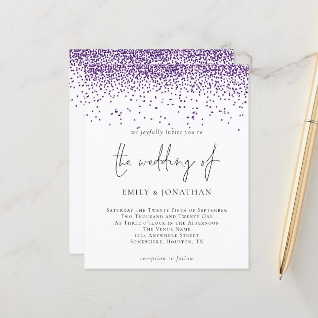 Budget Purple Glitter Confetti Wedding Invitation (Front/Back In Situ)