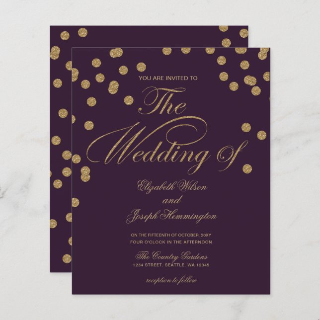 Budget Purple Glitter Confetti Wedding Invitation (Front/Back)