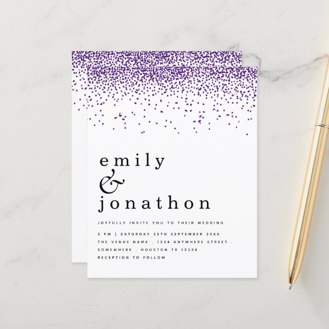 Budget Purple Glitter Confetti Wedding Invitation (Front/Back In Situ)