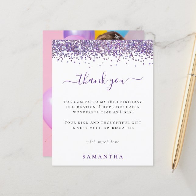 Budget Purple Glitter Photo Sweet 16 Thank You (Front/Back In Situ)