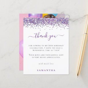 Budget Purple Glitter Photo Sweet 16 Thank You