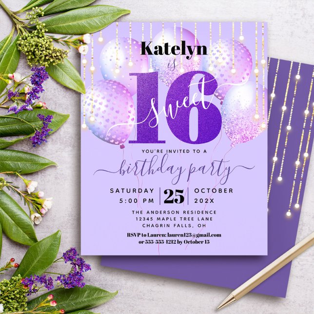Budget Purple Glitter Sweet 16 Balloons Invitation (Creator Uploaded)