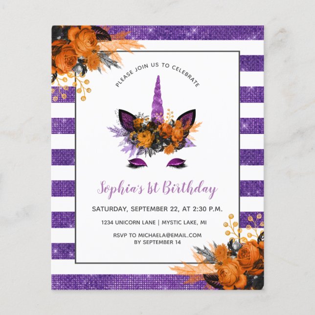 Budget Purple Glitter Unicorn Birthday Invitation (Front)