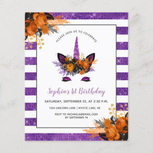 Budget Purple Glitter Unicorn Birthday Invitation