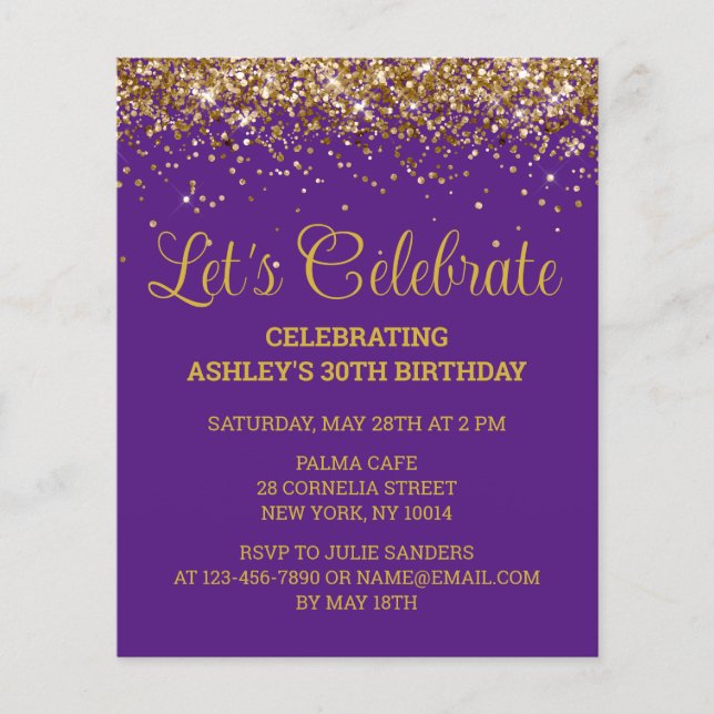 Budget Purple Gold 30th Birthday Party Invitation (Front)