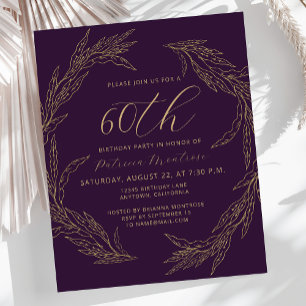 Budget Purple Gold 60th Birthday Invitation