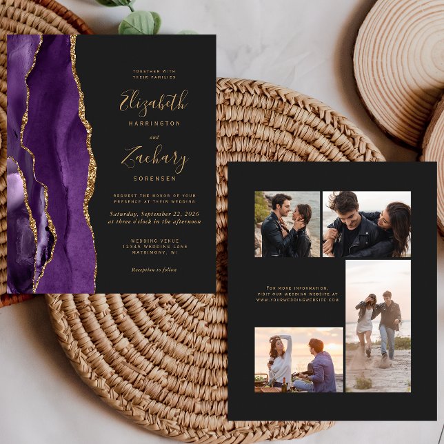 Budget Purple Gold Agate 4-Photo Wedding Invite (Creator Uploaded)