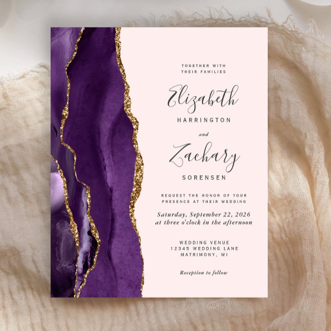 Budget Purple Gold Agate Blush Wedding Invitation (Creator Uploaded)