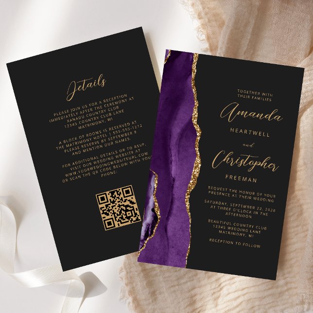 Budget Purple Gold Agate Dark QR Code Wedding (Creator Uploaded)