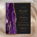 Budget Purple Gold Agate Dark Wedding Invitation<br><div class="desc">The left-hand edge of this elegant modern wedding invitation features a purple watercolor agate border trimmed with faux gold glitter. The customisable text combines gold-coloured handwriting,  copperplate and italic fonts on an off-black background. The back is solid purple.</div>
