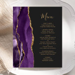 Budget Purple Gold Agate Dark Wedding Menu<br><div class="desc">The left-hand edge of this elegant modern wedding menu features a purple watercolor agate border trimmed with faux gold glitter. The customisable text combines gold-coloured handwriting script and copperplate fonts on an off-black background. The reverse side features a matching purple and gold agate design.</div>