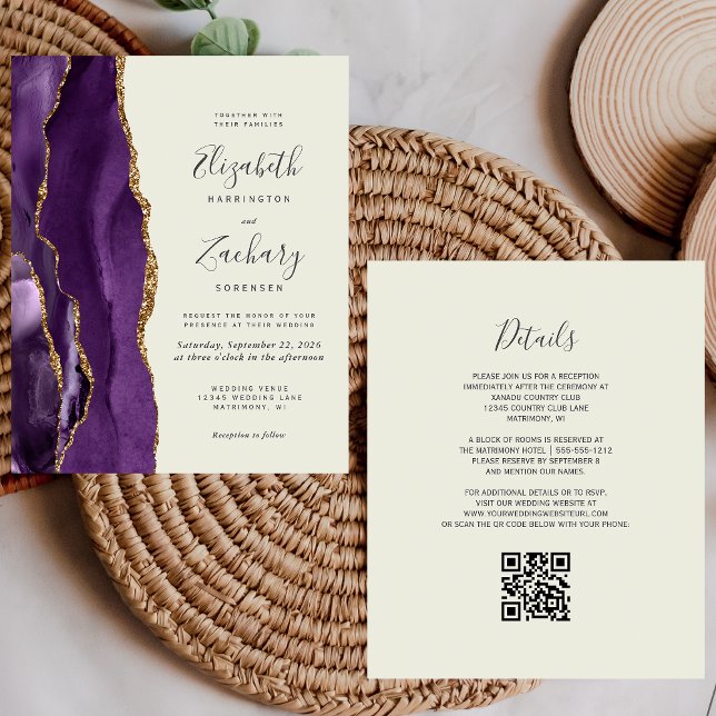 Budget Purple Gold Agate Ivory QR Code Wedding (Creator Uploaded)