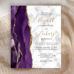 Budget Purple Gold Agate Marble Wedding Invitation<br><div class="desc">The left-hand edge of this elegant modern wedding invitation features a purple watercolor agate border trimmed with faux gold glitter. The customisable text combines gold coloured handwriting with black copperplate and italic fonts on a white and grey marble background. The reverse side features a matching purple and gold agate design....</div>