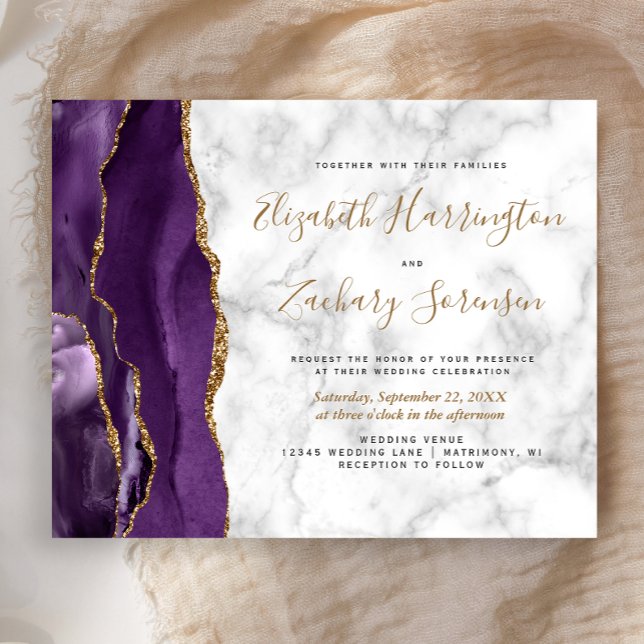 Budget Purple Gold Agate Marble Wedding Invitation (Creator Uploaded)