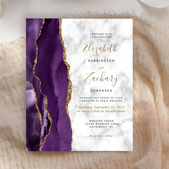 Budget Purple Gold Agate Marble Wedding Invite (Creator Uploaded)