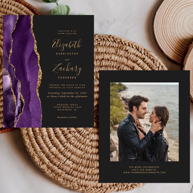 Budget Purple Gold Agate Photo Dark Wedding Invite (Creator Uploaded)