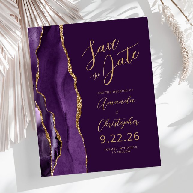 Budget Purple Gold Agate Plum Script Save the Date (Creator Uploaded)