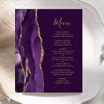 Budget Purple Gold Agate Plum Wedding Menu<br><div class="desc">The left-hand edge of this elegant modern wedding menu features a purple watercolor agate border trimmed with faux gold glitter. The customisable text combines gold-coloured handwriting script and copperplate fonts on a plum background. The reverse side features a matching purple and gold agate design.</div>