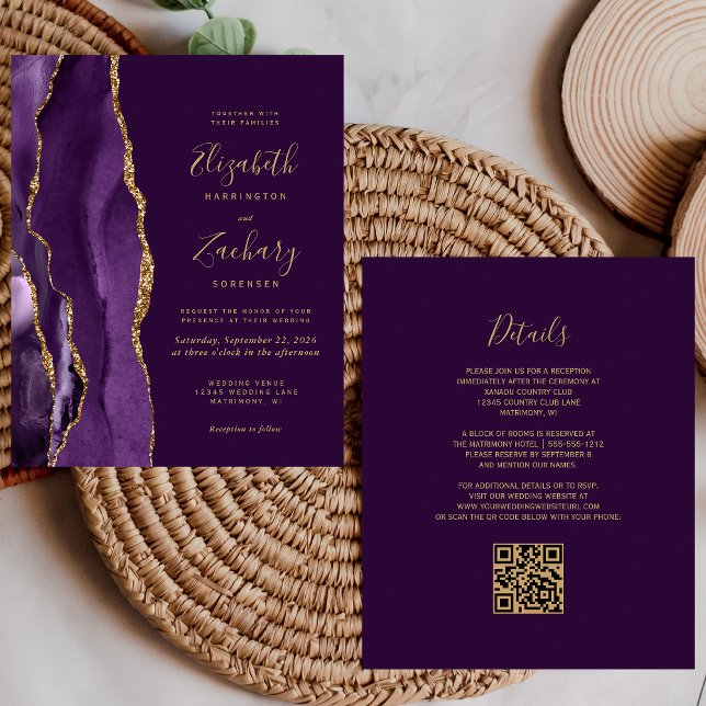 Budget Purple Gold Agate QR Code Wedding Invite (Creator Uploaded)