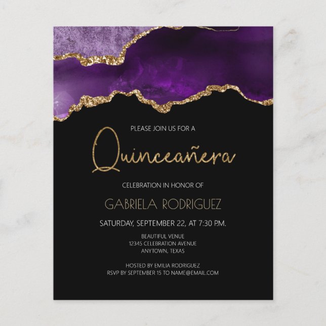 Budget Purple Gold Agate Quinceañera Invitation (Front)