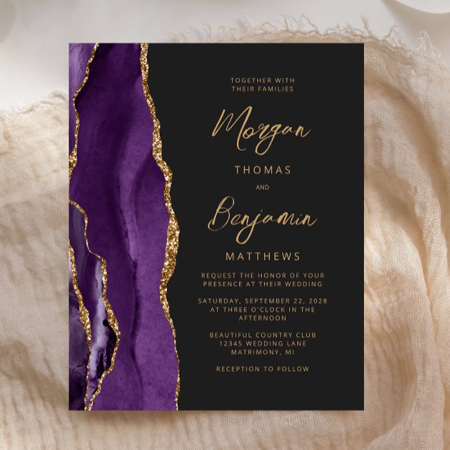Budget Purple Gold Agate Script Wedding Invitation (Creator Uploaded)