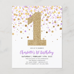 Budget Purple Gold Confetti Girl 1st Birthday Flyer