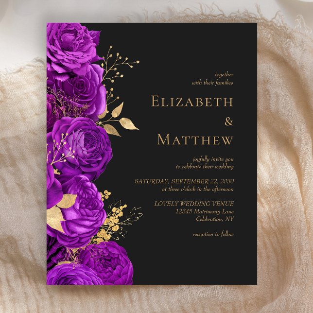Budget Purple Gold Dark Floral Wedding Invitation (Creator Uploaded)