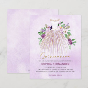 Budget Purple Gold Dress Quinceañera Invitation