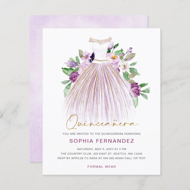 Budget Purple Gold Dress Quinceañera Invitation (Front/Back)