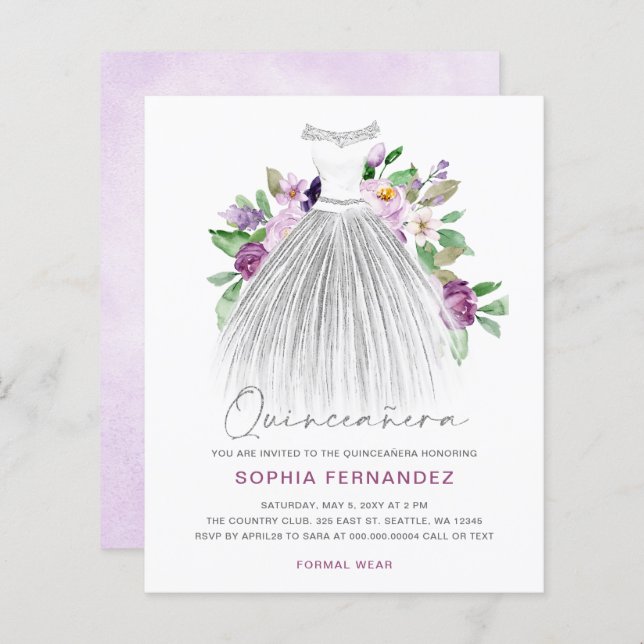 Budget Purple Gold Dress Quinceañera Invitation (Front/Back)
