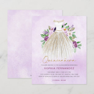 Budget Purple Gold Dress Quinceañera Invitation