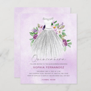 Budget Purple Gold Dress Quinceañera Invitation