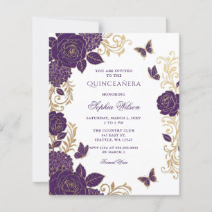 Budget Purple Gold Floral Butterfly Quinceañera