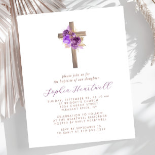 Budget Purple Gold Floral Cross Baptism Invite