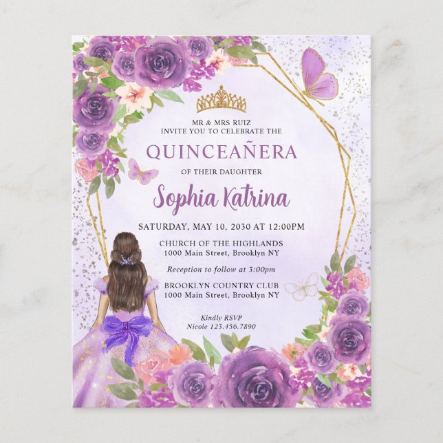 Budget Purple Gold Floral Princess Quinceañera (Front)