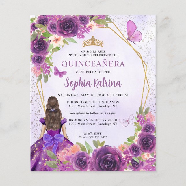 Budget Purple Gold Floral Princess Quinceañera (Front)