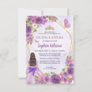 Budget Purple Gold Floral Princess Quinceañera Card