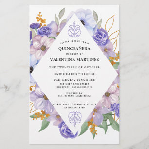 Budget Purple Gold Floral Quinceanera Invitation