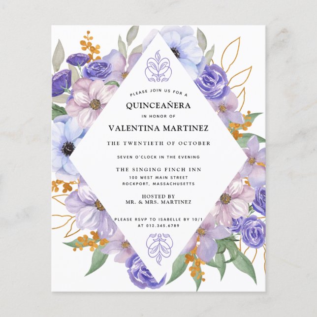 Budget Purple Gold Floral Quinceanera Invitation Flyer (Front)