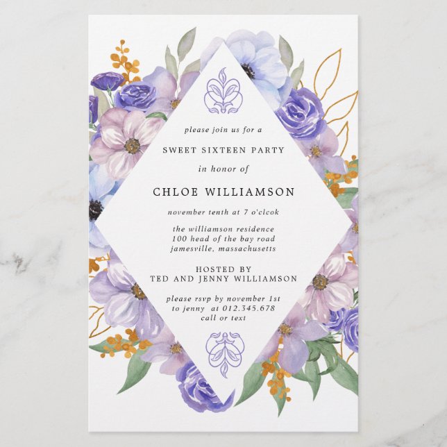 Budget Purple Gold Floral Sweet Sixteen Invitation (Front)