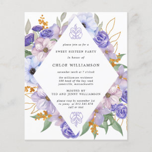 Budget Purple Gold Floral Sweet Sixteen Invitation