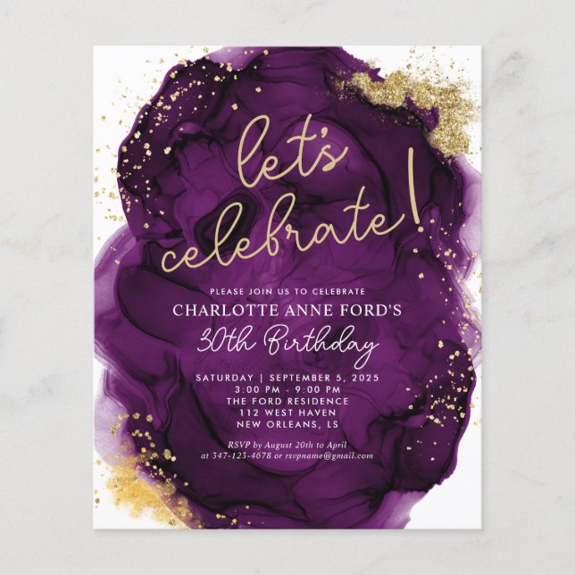 Budget Purple Gold Glitter Alcohol Ink Birthday (Front)