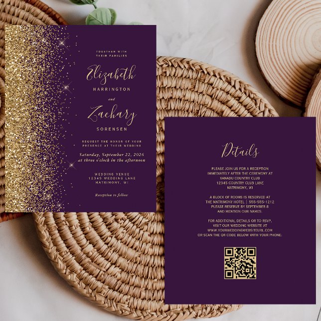 Budget Purple Gold Glitter QR Code Wedding Invite (Creator Uploaded)