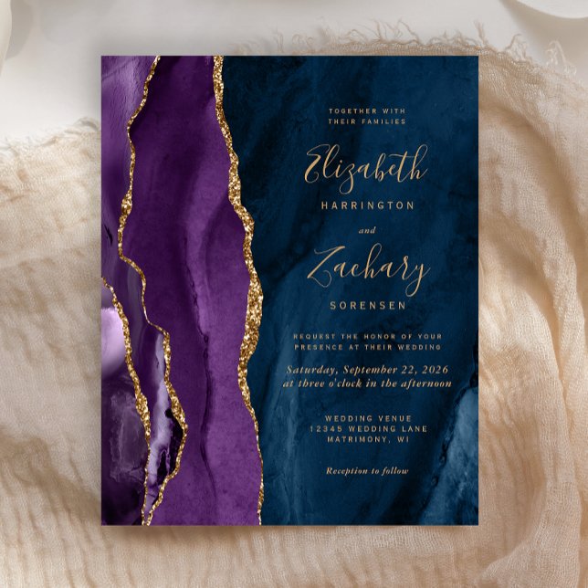 Budget Purple Gold Navy Blue Agate Wedding Invite (Creator Uploaded)