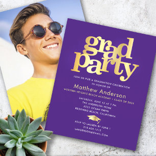Budget Purple Gold Photo Grad Party Minimal Invite